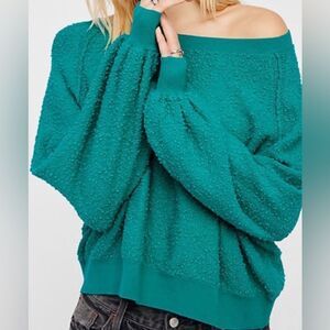 Free People Teal Boucle Cotton Blend Found My Friend Pullover Sweatshirt